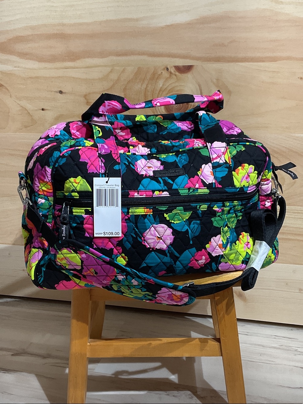 NWT Vera Bradley compact Quilted Floral Travel Bag with Neon Pink & Lime Accents